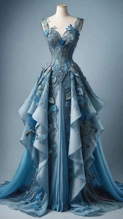 Elegante abito lungo da sera e da ballo con applicazioni di chiffon blu e balze Y8385