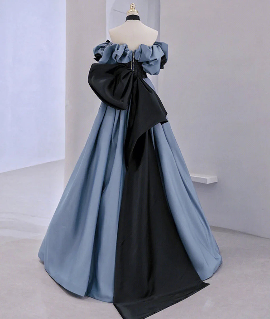 Vestido largo de fiesta con encaje de satén y hombros descubiertos, vestido de noche azul Y2619