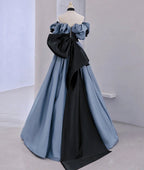 Vestido largo de fiesta con encaje de satén y hombros descubiertos, vestido de noche azul Y2619