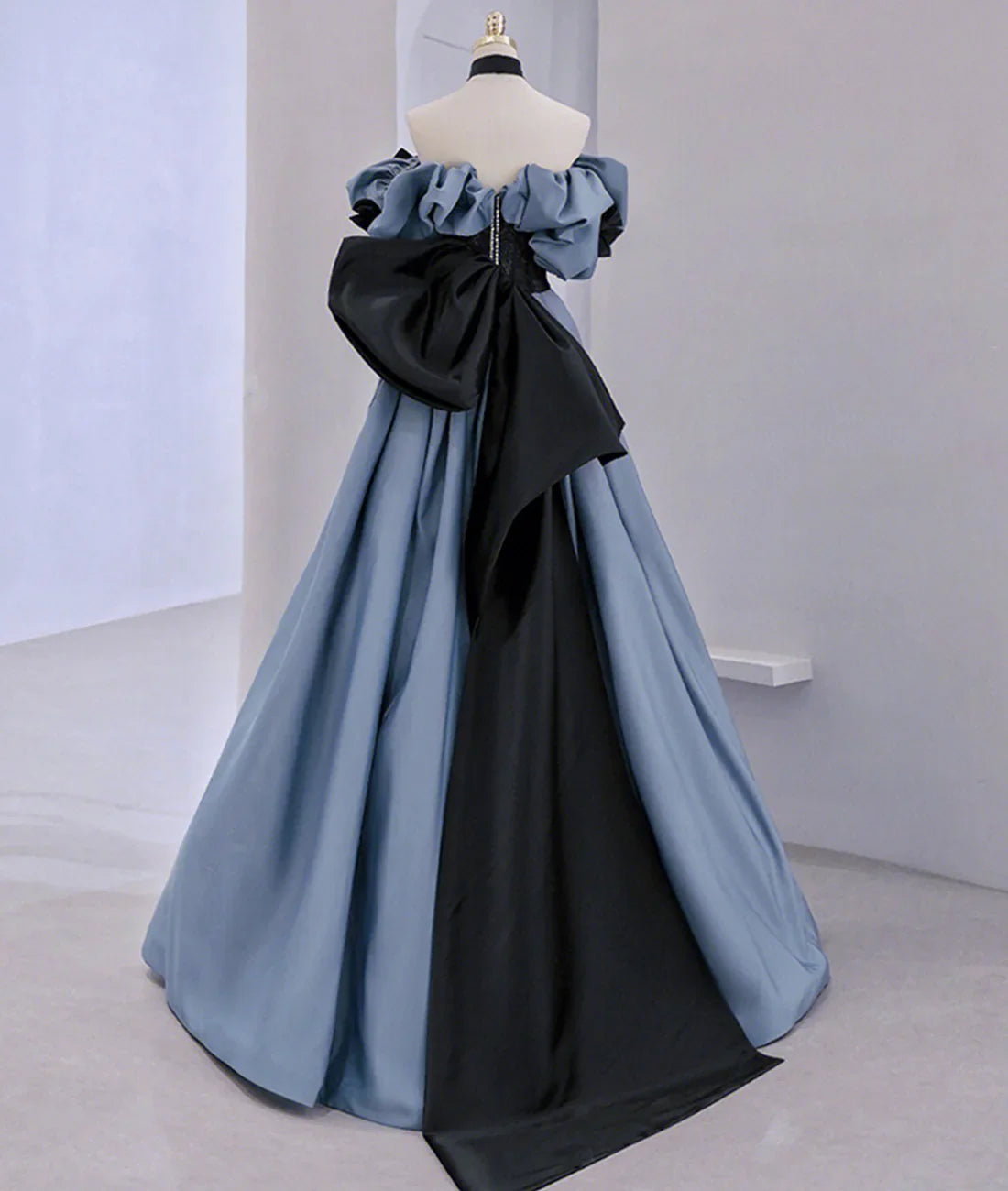 Vestido largo de fiesta con encaje de satén y hombros descubiertos, vestido de noche azul Y2619