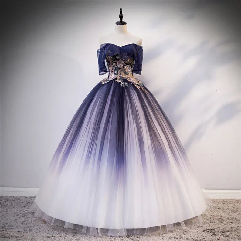 Ombre Perlenbesetztes Blumenspitzen-Tüllkleid, Quinceañera-Kleid, Ballkleid Y1935