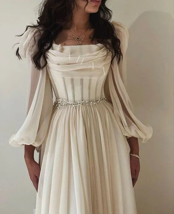 Robe de soirée arabe midi courte beige avec ceinture, manches longues, longueur thé, robes formelles pour femmes, mariage, fête Y4847