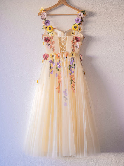 Flower Tulle Tea Length Prom Dresses