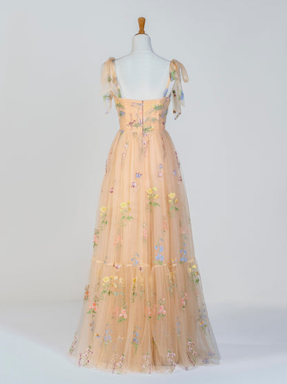 Vestido de fiesta con escote corazón, largo hasta el suelo, de tul bordado floral