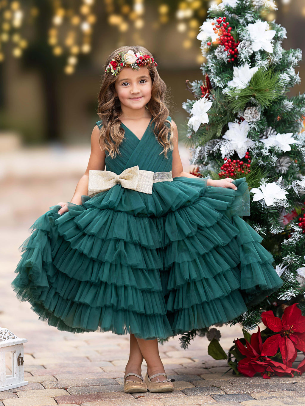 Dark Green Satin Flower Girl Dress With Long Sleeves And Gold Bow