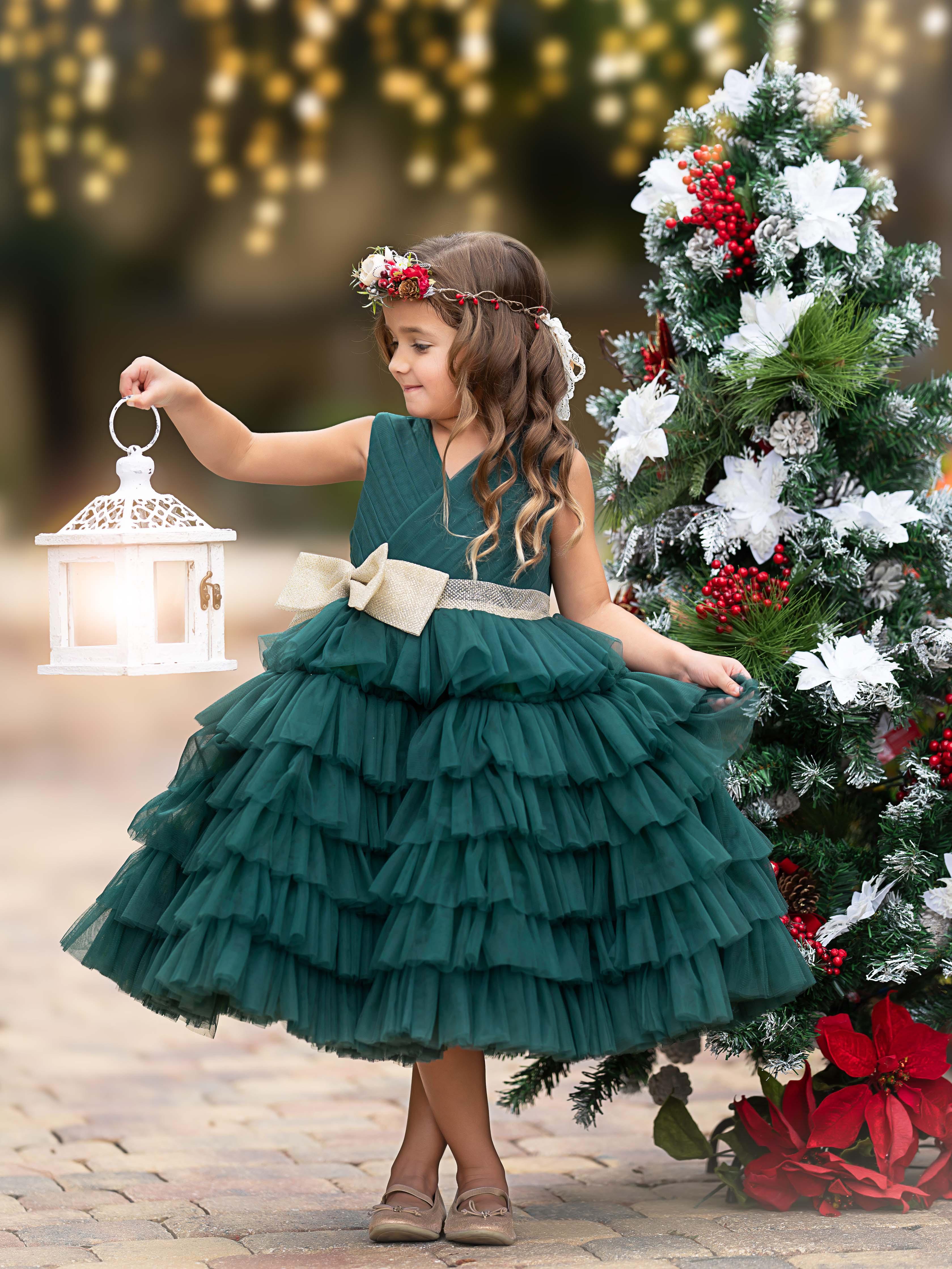 Dark Green Satin Flower Girl Dress With Long Sleeves And Gold Bow