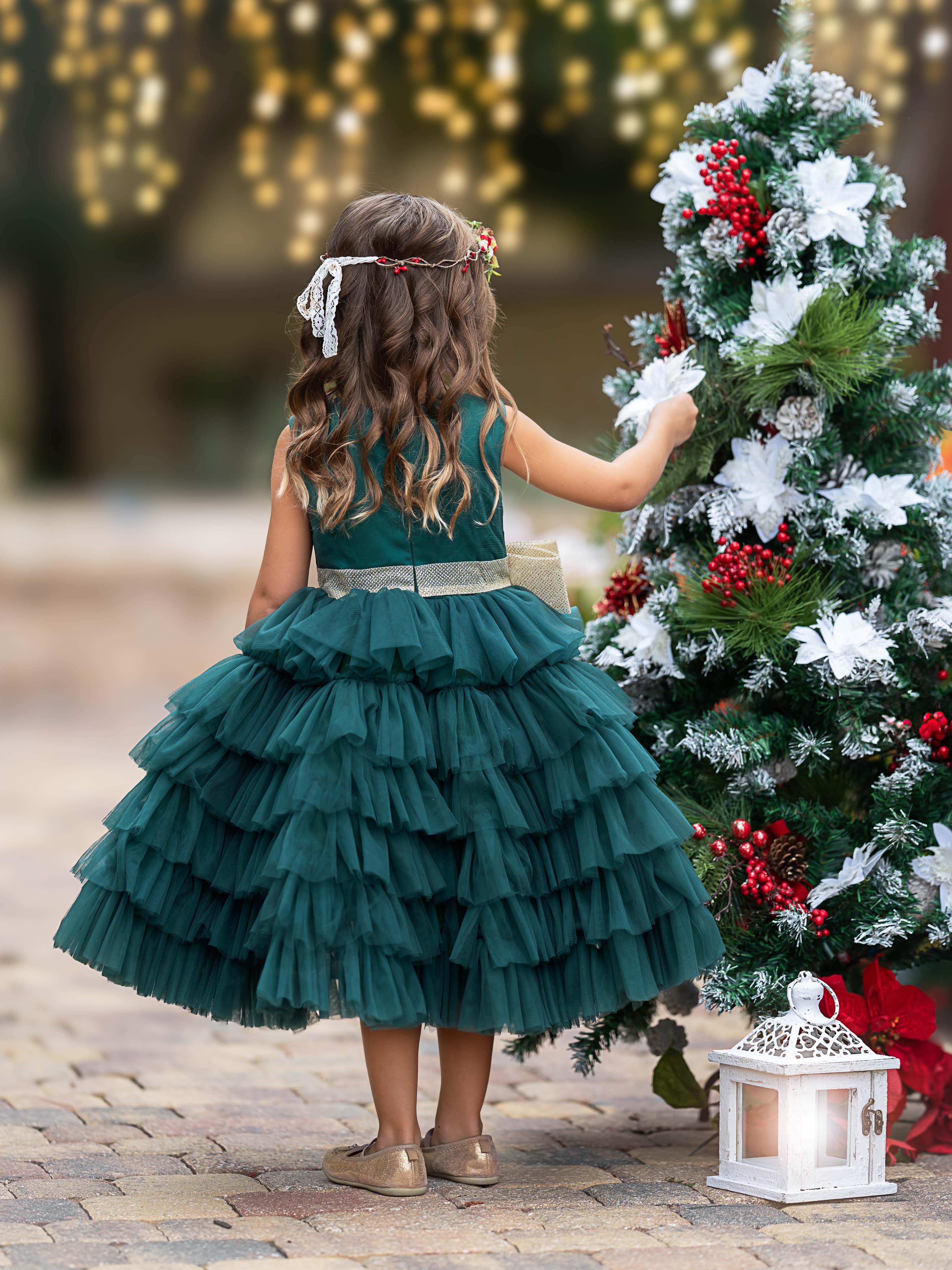 Dark Green Satin Flower Girl Dress With Long Sleeves And Gold Bow