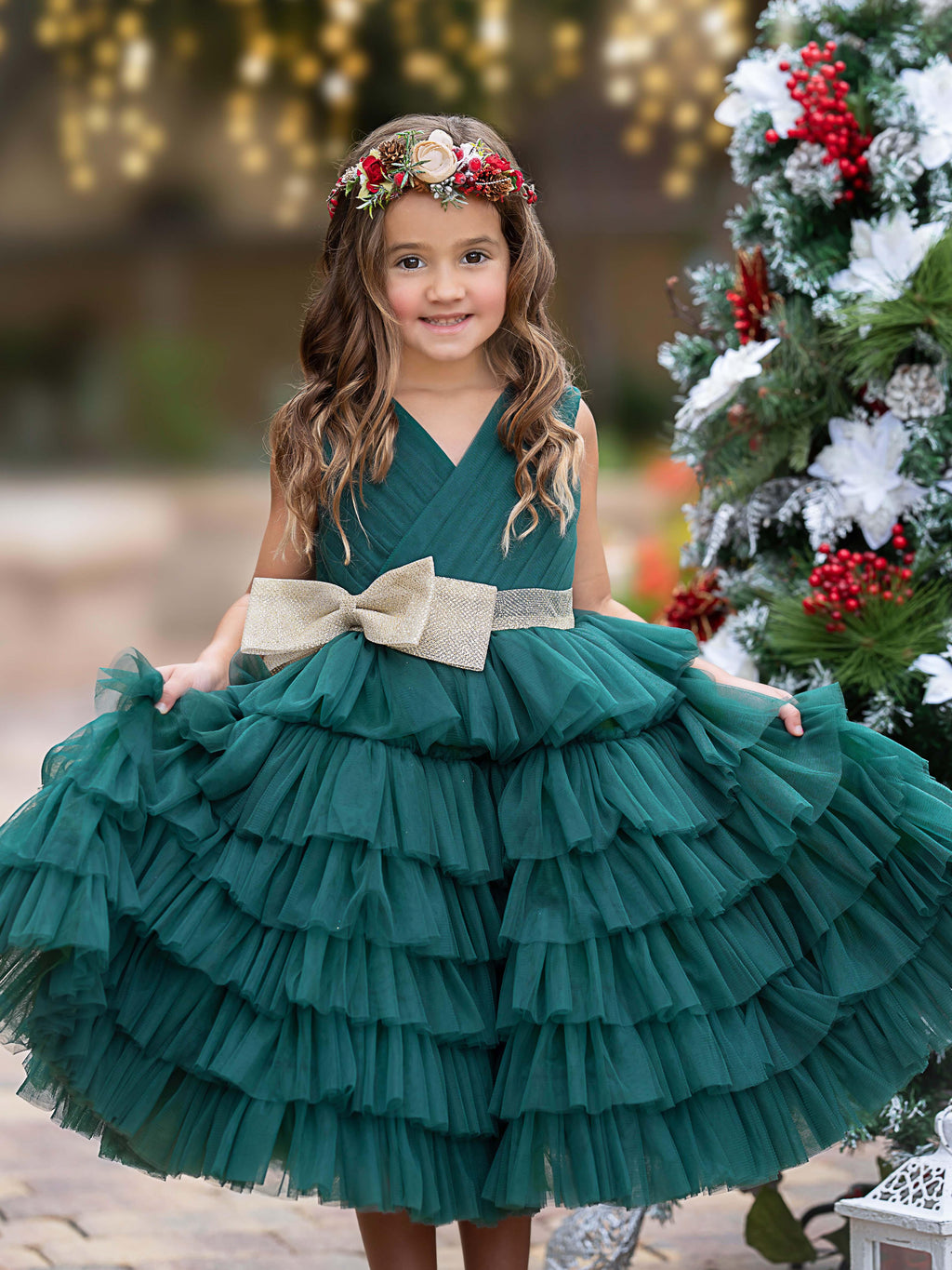 Dark Green Satin Flower Girl Dress With Long Sleeves And Gold Bow