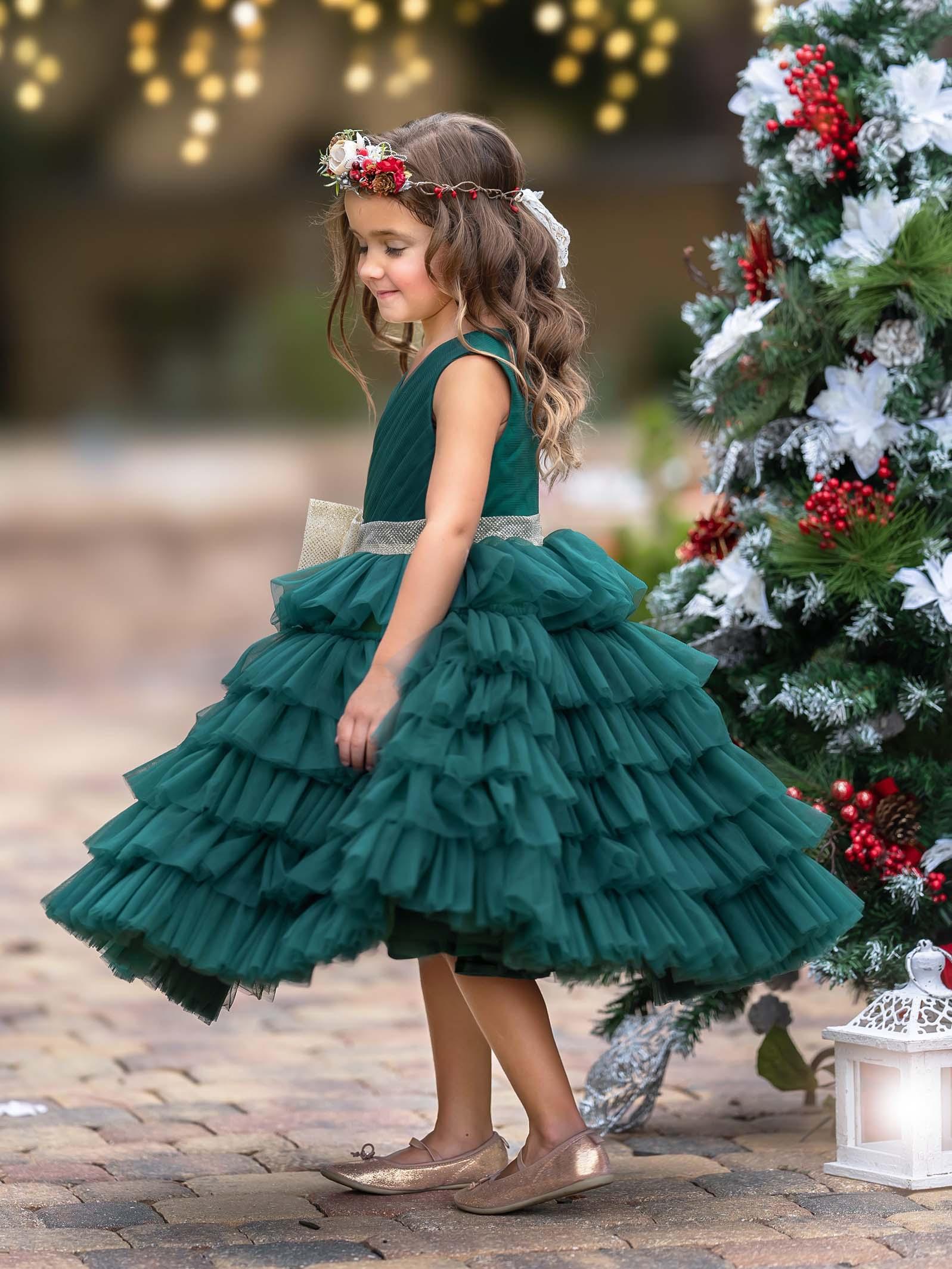 Dark Green Satin Flower Girl Dress With Long Sleeves And Gold Bow