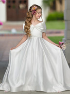 Ivory Satin Flower Girl Princess Ball Gown With Sweep Train And Bow Trim