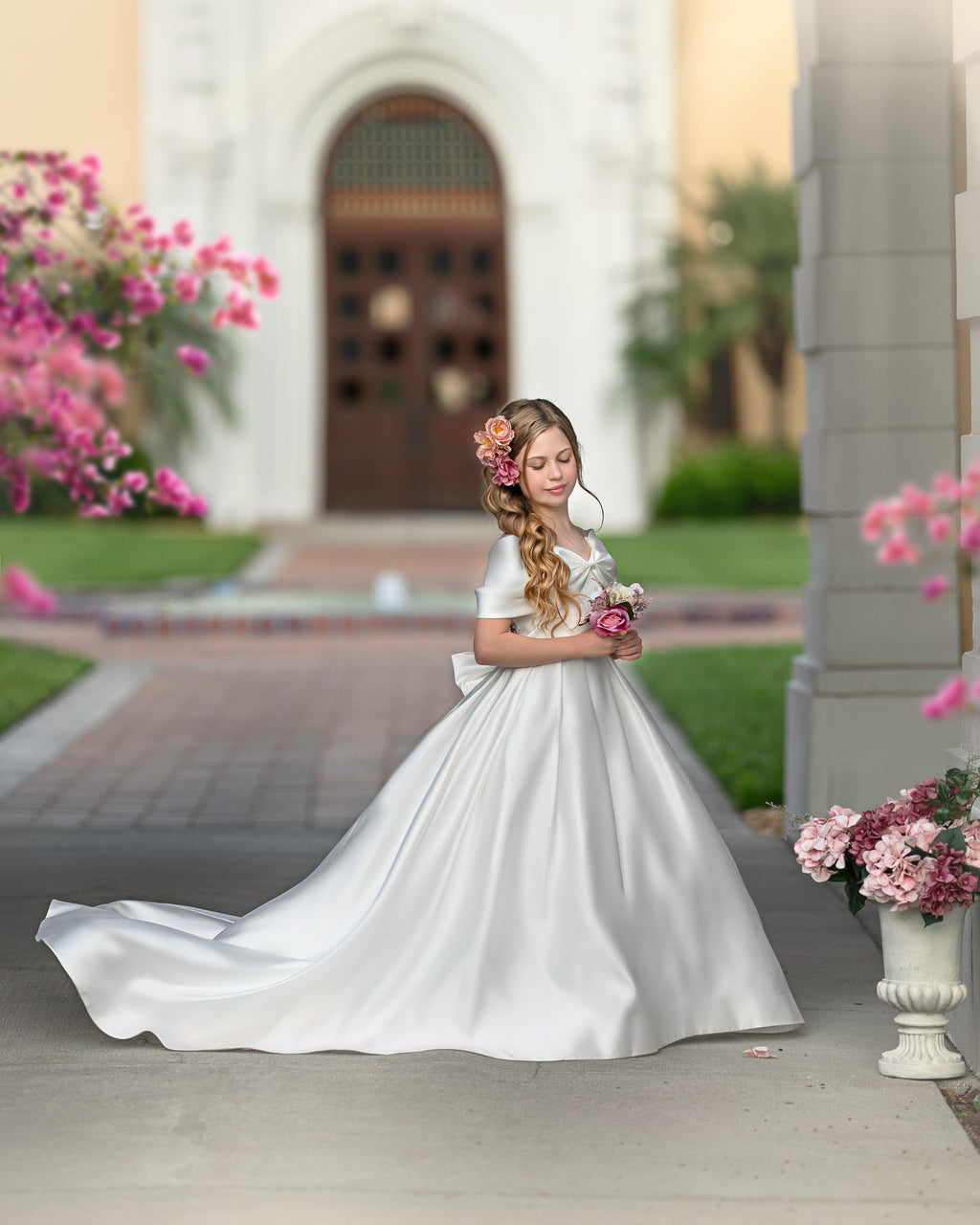 Ivory Satin Flower Girl Princess Ball Gown With Sweep Train And Bow Trim