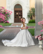 Ivory Satin Flower Girl Princess Ball Gown With Sweep Train And Bow Trim