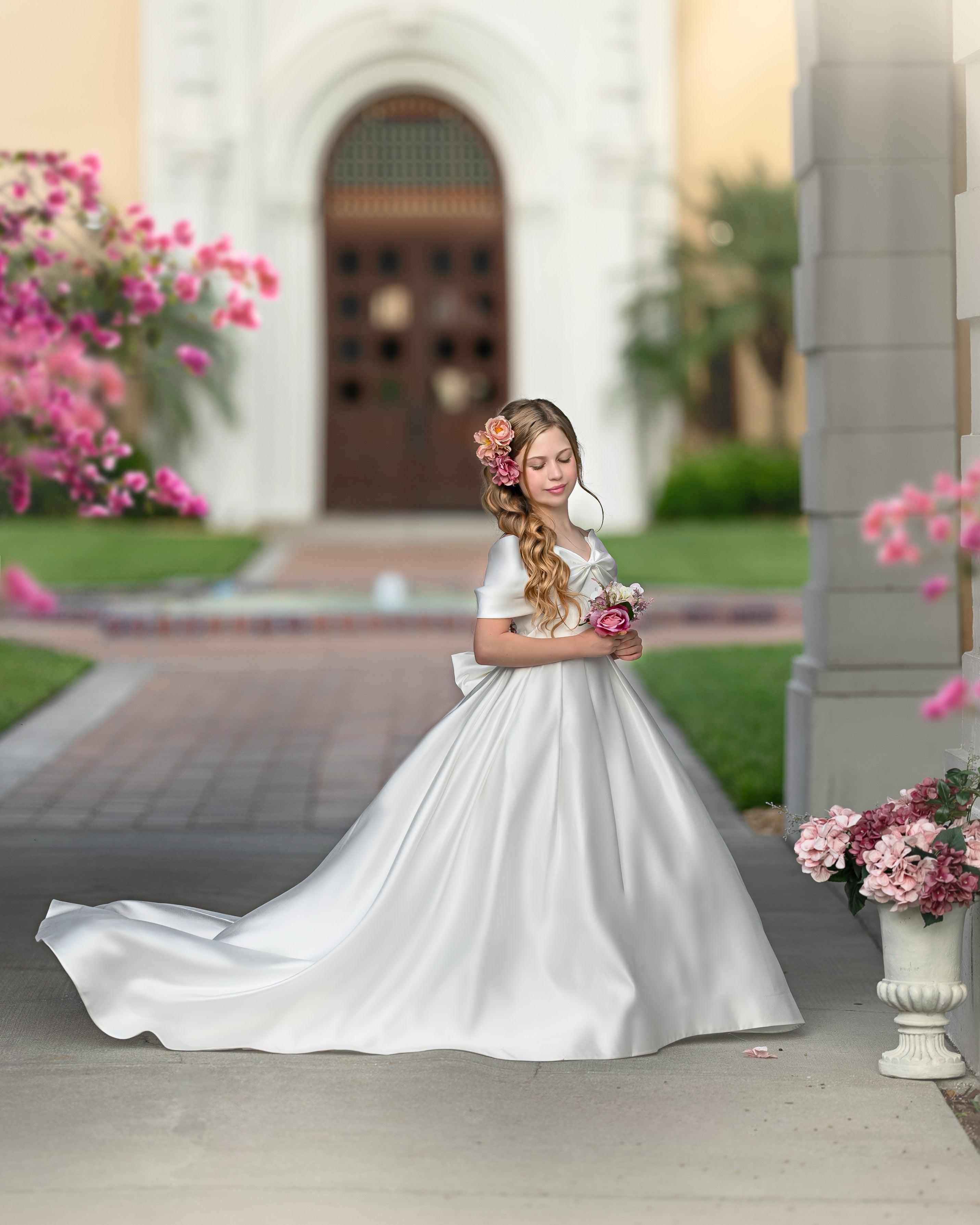 Ivory Satin Flower Girl Princess Ball Gown With Sweep Train And Bow Trim