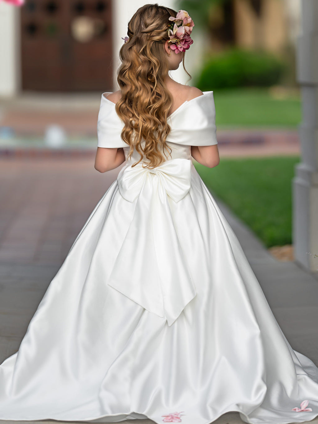 Ivory Satin Flower Girl Princess Ball Gown With Sweep Train And Bow Trim
