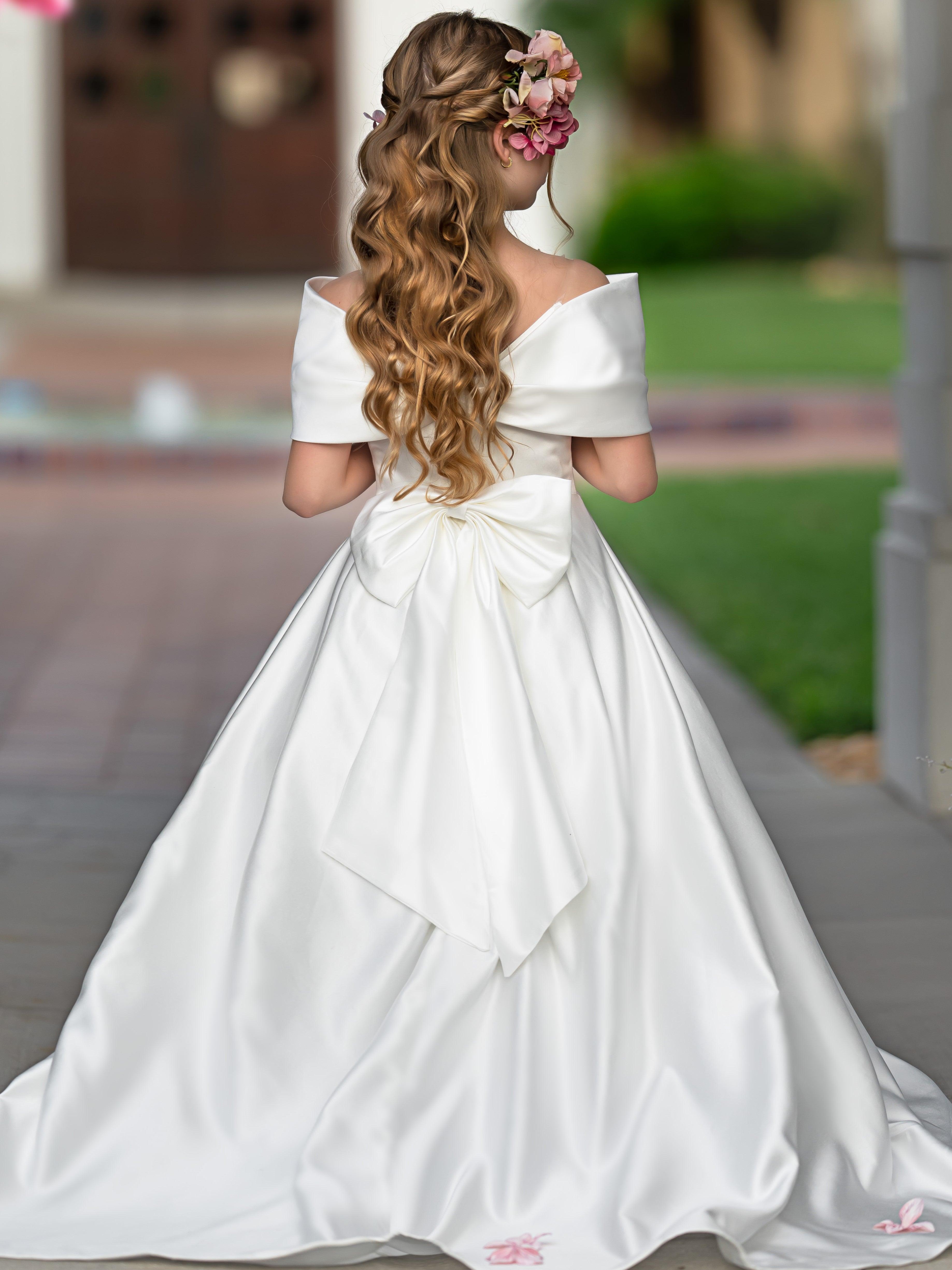 Ivory Satin Flower Girl Princess Ball Gown With Sweep Train And Bow Trim