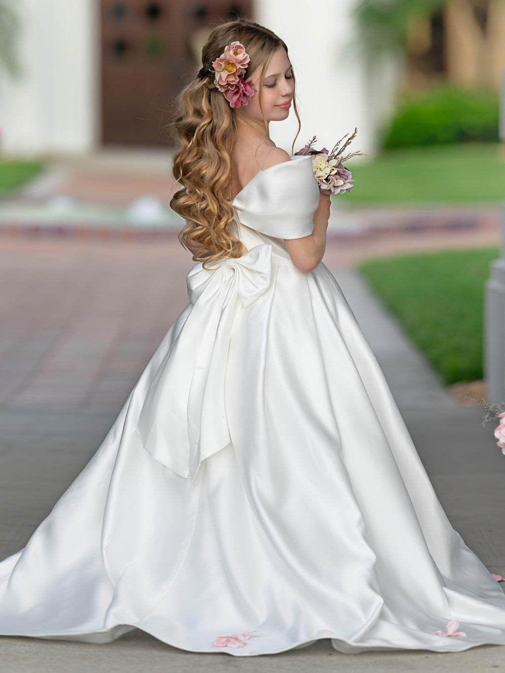 Ivory Satin Flower Girl Princess Ball Gown With Sweep Train And Bow Trim
