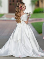 Ivory Satin Flower Girl Princess Ball Gown With Sweep Train And Bow Trim