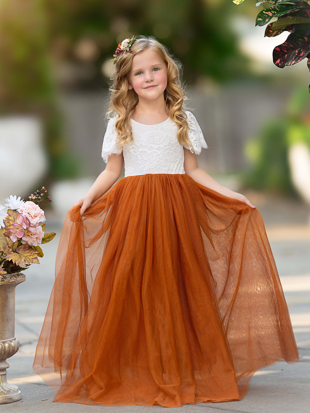 Lace Burnt Orange Boho Ankle Length Flower Girl Dress With Cap Sleeves