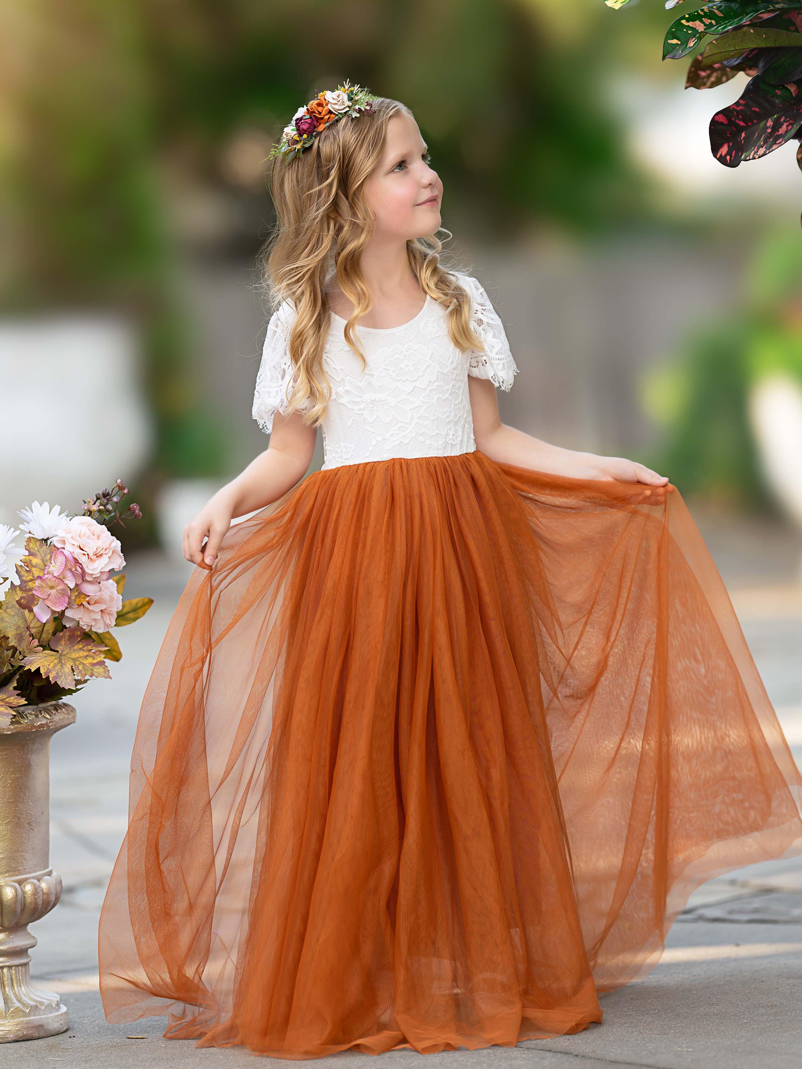 Lace Burnt Orange Boho Ankle Length Flower Girl Dress With Cap Sleeves