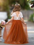 Lace Burnt Orange Boho Ankle Length Flower Girl Dress With Cap Sleeves
