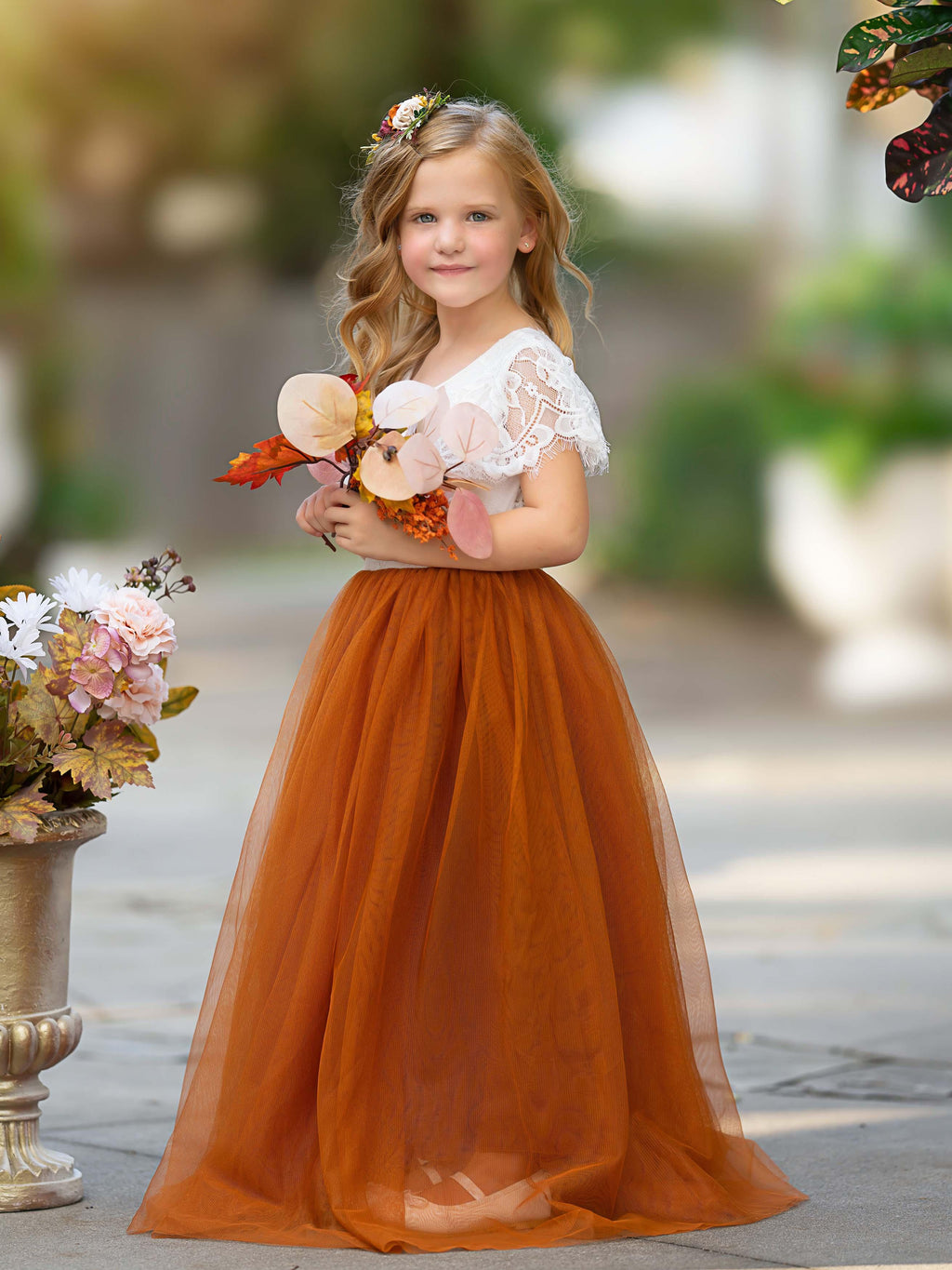Lace Burnt Orange Boho Ankle Length Flower Girl Dress With Cap Sleeves