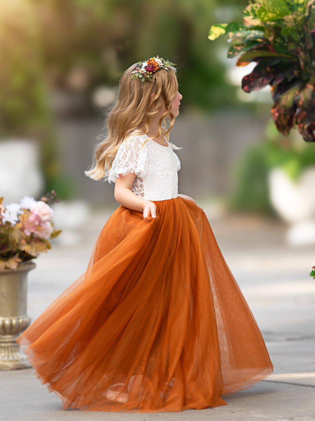 Lace Burnt Orange Boho Ankle Length Flower Girl Dress With Cap Sleeves