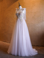 Abito lungo da cerimonia a linea ad A con corsetto, applicazioni, fiocco in tulle e spalline, con strascico fluente