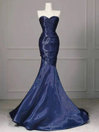 Splendido Abito Lungo da Sera Senza Spalline a Pieghe Blu Nevy Sirena per Ballo Y7987