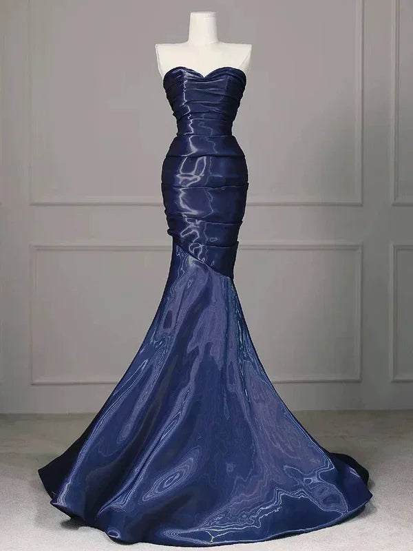 Splendido Abito Lungo da Sera Senza Spalline a Pieghe Blu Nevy Sirena per Ballo Y7987