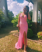 Vestido de Festa Rosa com Decote Halter e Lantejoulas Vestido de Noite Sedutor com Fenda Lateral Y268