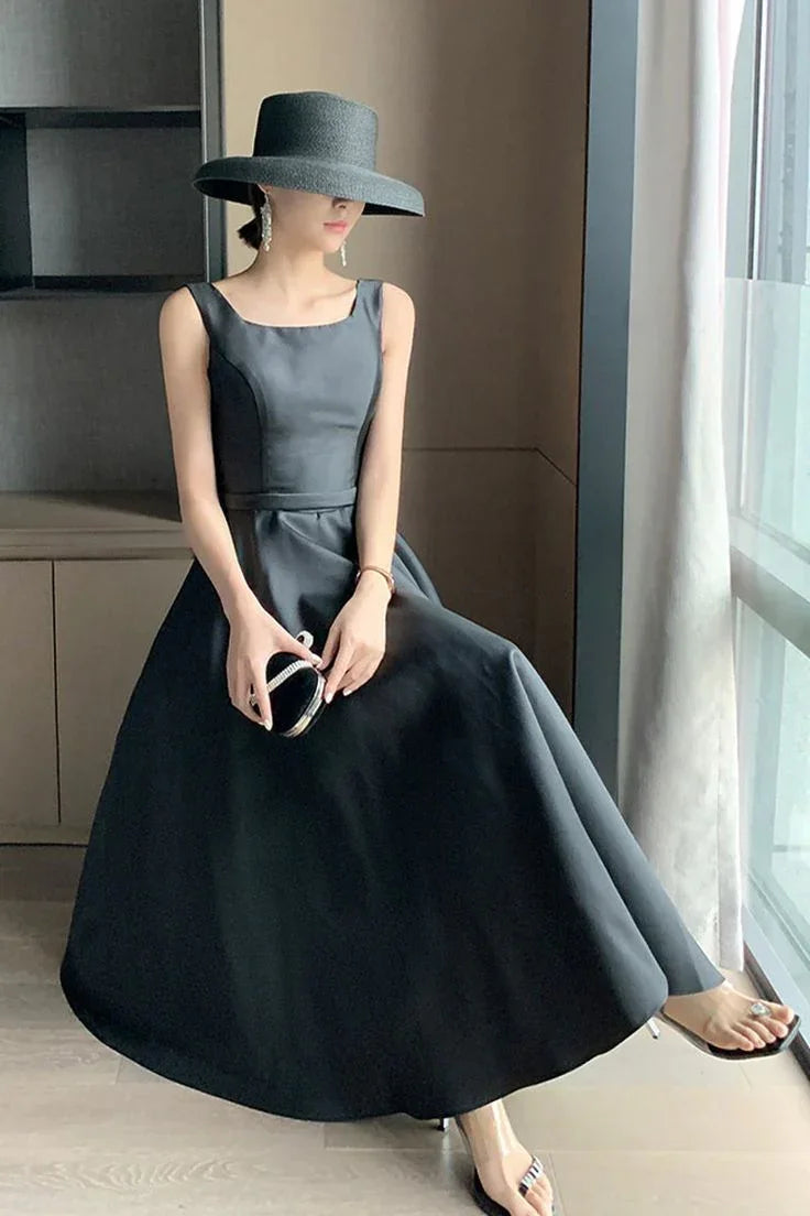 Elegante abito da sera nero per ballo di compleanno, senza schiena, con grande fiocco, lungo, per ospiti di festa estiva Y5790