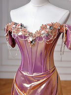 Elegante abito da sera lungo viola in raso con perline, stile sirena, scollatura a spalle scoperte Y8605