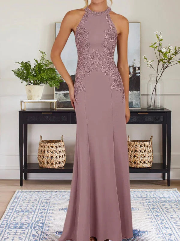 Vestido largo azul polvoriento tipo funda con cuello halter para madre de la novia con apliques