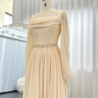 Robe de soirée arabe midi courte beige avec ceinture, manches longues, longueur thé, robes formelles pour femmes, mariage, fête Y4847