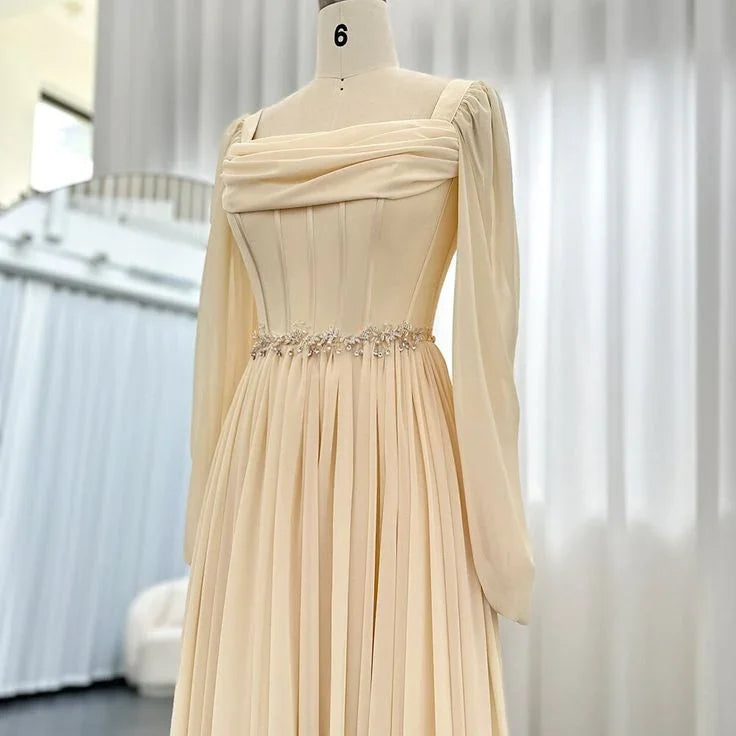 Robe de soirée arabe midi courte beige avec ceinture, manches longues, longueur thé, robes formelles pour femmes, mariage, fête Y4847