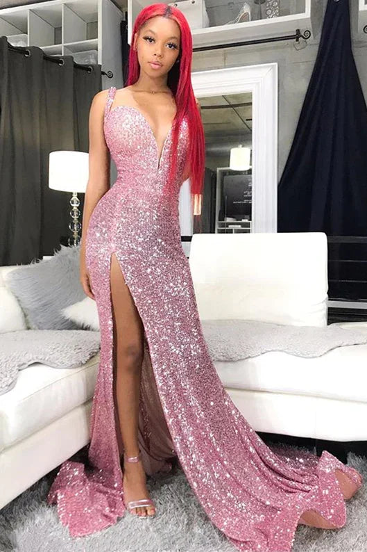 Vestidos de Baile com Lantejoulas Cor-de-Rosa | Vestido Formal Longo de Festa com Fenda Estilo Sereia Sexy Y1921