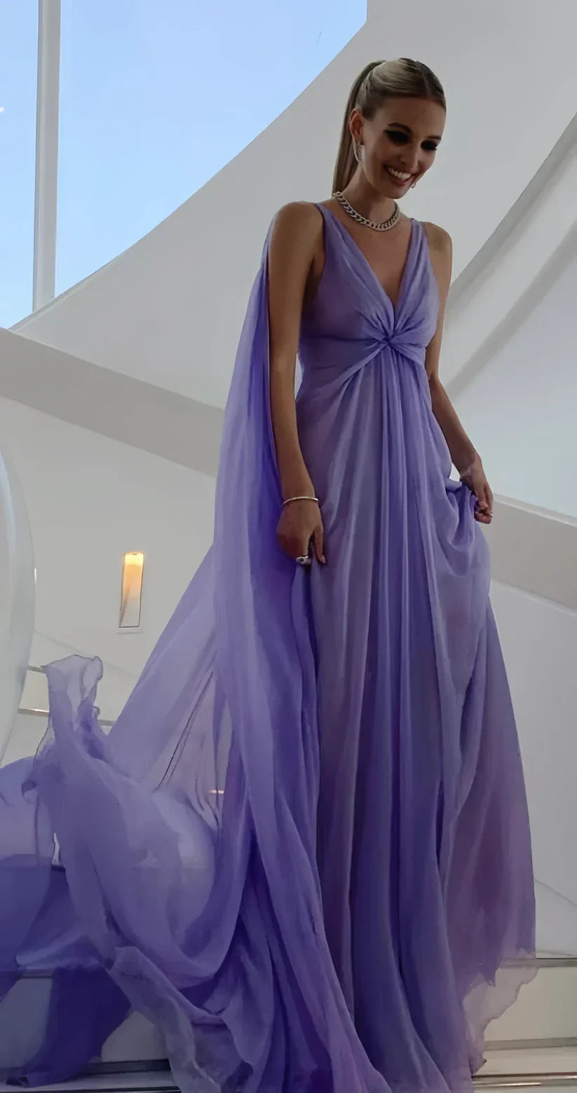 Abito da sera lungo semplice viola con scollo a V in tulle Y7774