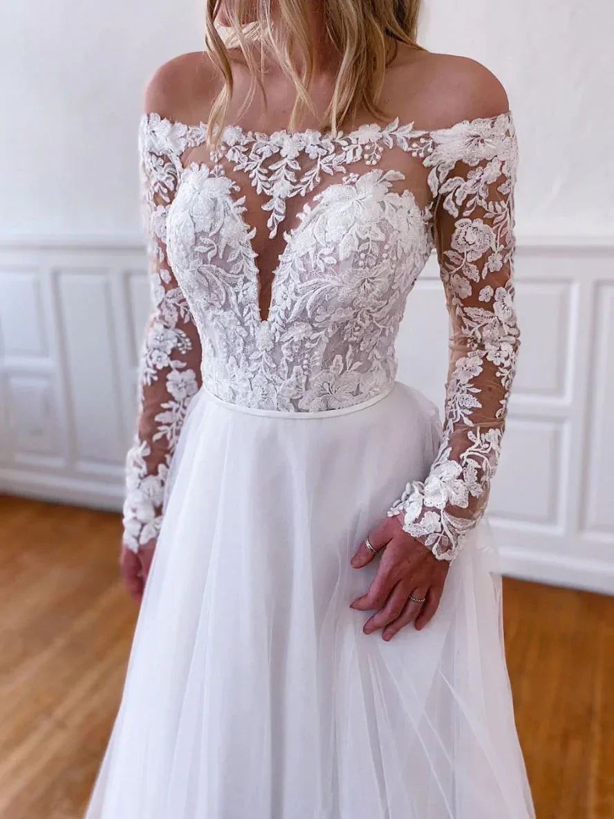 Vestido longo de baile em tule com renda branca, vestido de noite em tule com renda branca Y251