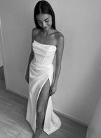 Elegante Abito da Sera Bianco Senza Spalline con Spacco a Sirena Abito Lungo da Ballo Y8417