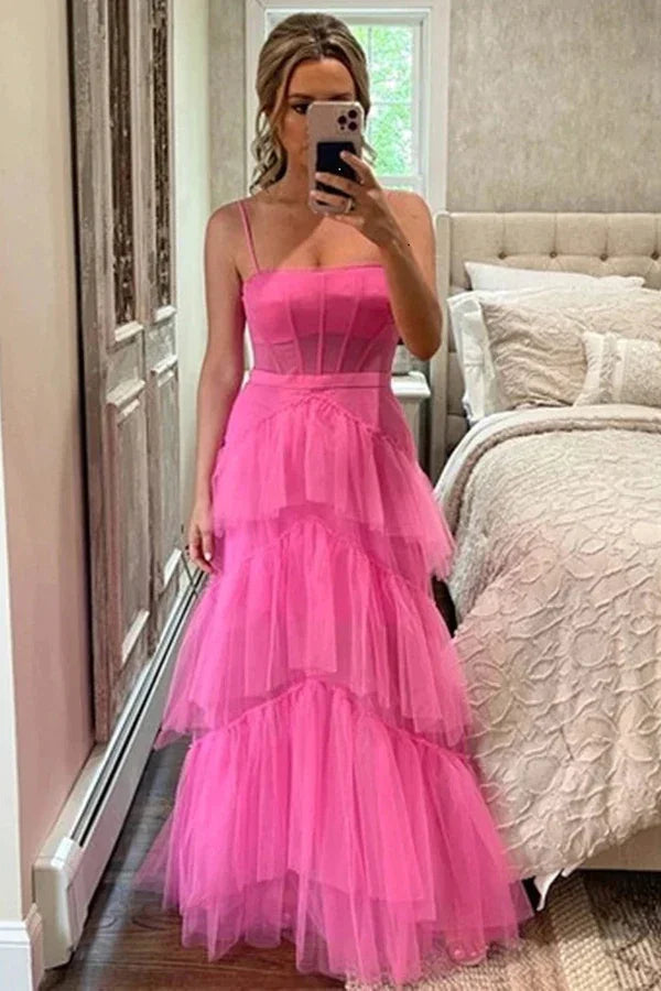 Elegante abito lungo da sera a balze in tulle rosa acceso a linea ad A Y1594