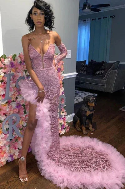 Vestidos de Baile em Tule Rosa Escuro Sedutor | Vestido de Noite com Decote Coração e Fenda Profunda Y1739