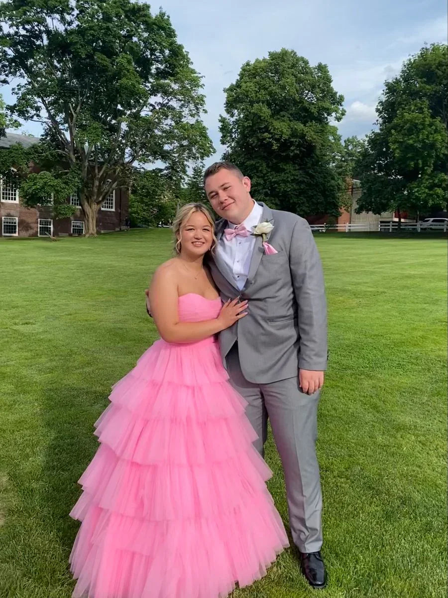 Encantador vestido de fiesta rosa con falda en línea A de tul en capas, vestido de noche de tul rosa Y2161