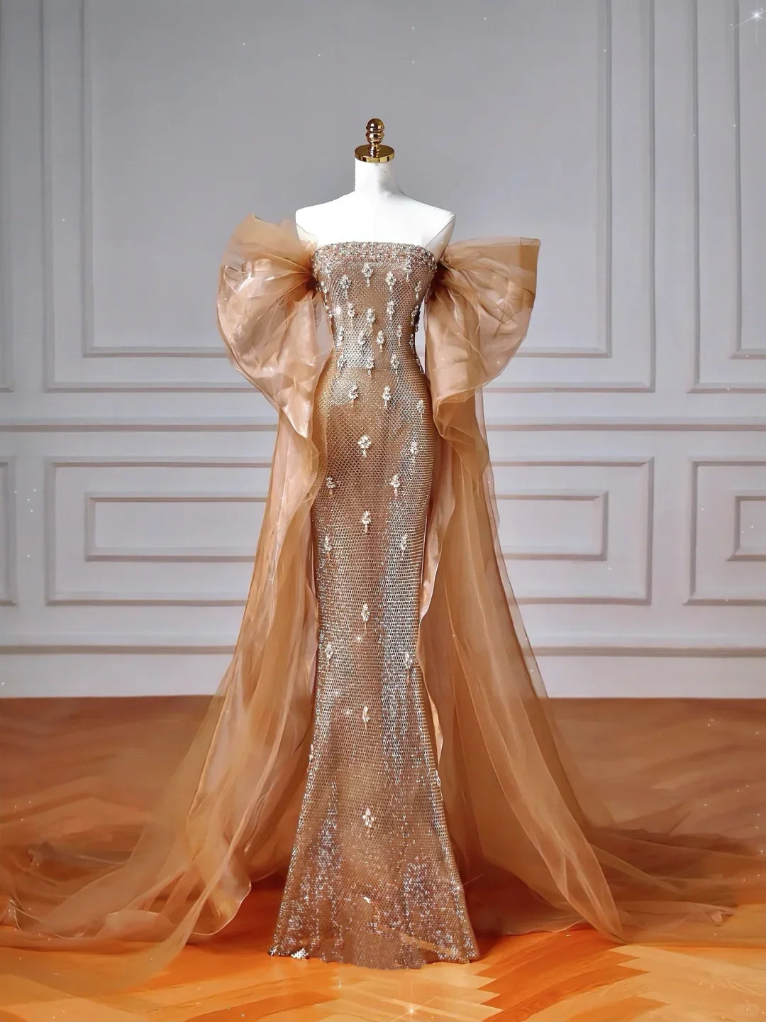 Abito da sera lungo a sirena di lusso con tulle perline e scollo a barca Y8610