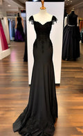 Incantevole Abito da Sera Nero con Spalline a Sirena e Applicazioni in Chiffon Abito da Ballo Y7823