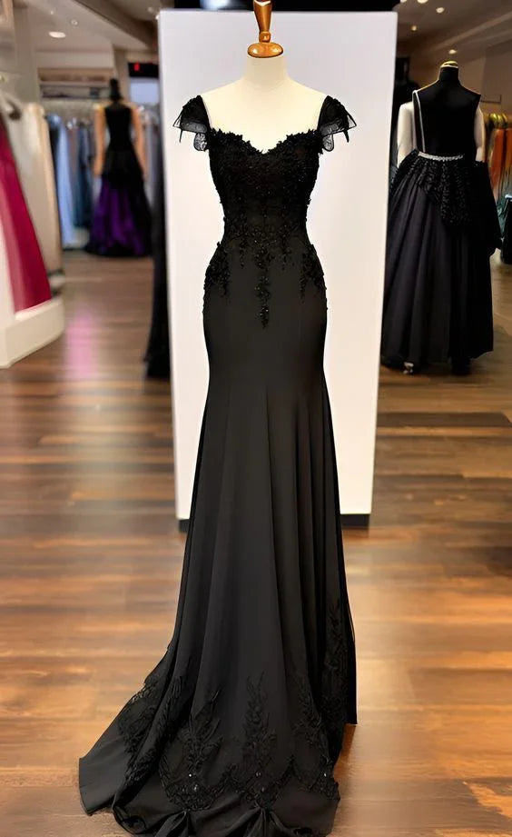Incantevole Abito da Sera Nero con Spalline a Sirena e Applicazioni in Chiffon Abito da Ballo Y7823