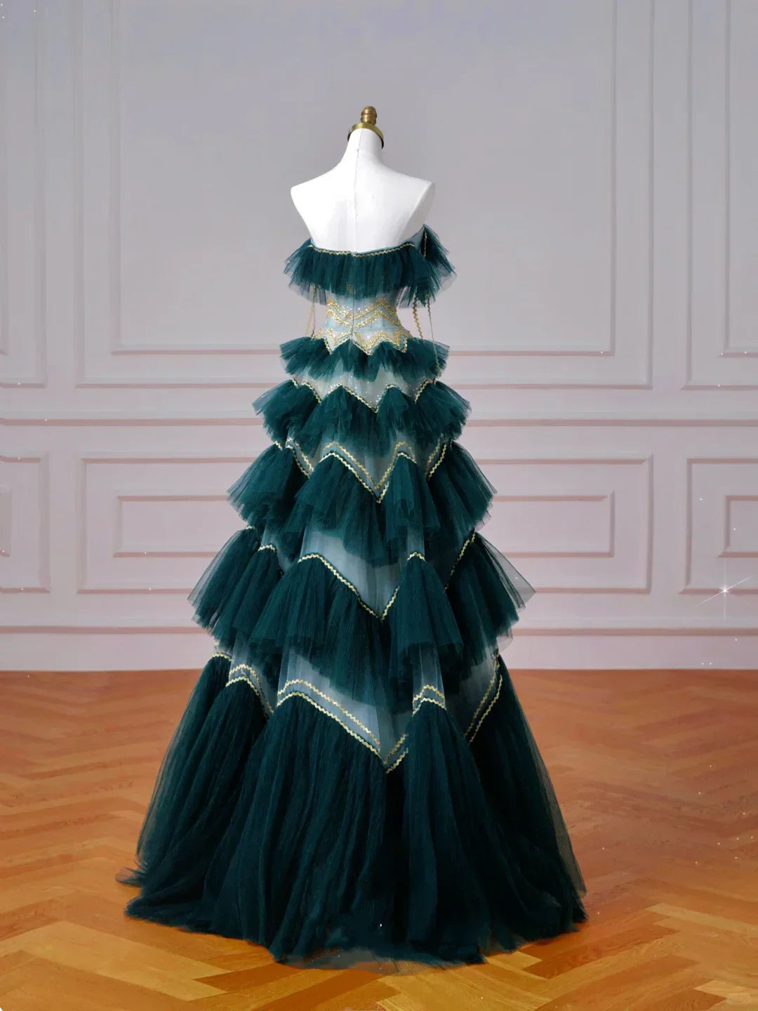 Abito da sera verde scuro vintage in tulle con paillettes a strati, linea a trapezio, senza spalline, modello Y8606