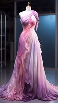 Vestido longo de noite em chiffon rosa ombré com um ombro só Retro Y8525