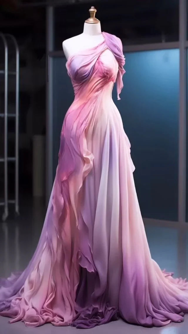 Vestido longo de noite em chiffon rosa ombré com um ombro só Retro Y8525