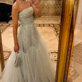 Elegante abito da sera formale verde salvia in tulle con paillettes senza spalline per ballo di fine anno Y8127