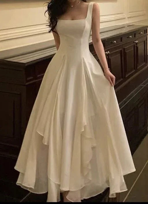 Robe de soirée longue blanche à encolure carrée, asymétrique, coupe trapèze Y2786